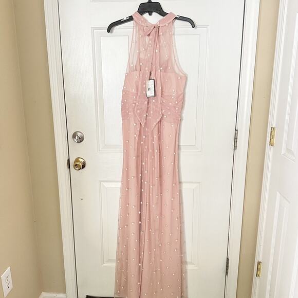Adrianna Papell Glitter Dot Sheer Halter Neck Sleeveless Blush Pink Gown Size 12 - Picture 4 of 7